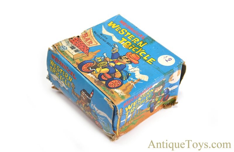 Linemar Marx Tin Lithographed Windup "Western Cycle" Cowboy on Tricycle with Box for Sale - Image 7