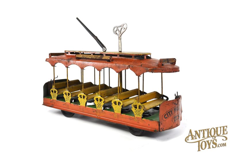 Converse ca. 1912 Tin Lithographed Windup No. 701 Steel Trolley Car City Hall Park/Union Depot Trolley 16" <FONT COLOR="ff000 ">*SOLD*</font>