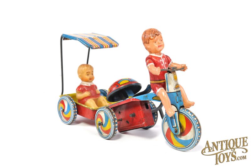 Kanto Toys Tin Lithographed Windup Tricycle with Trailer Boy Variation Japanese Toy <FONT COLOR="ff000 ">*SOLD*</font>