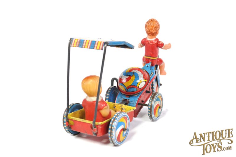 Kanto Toys Tin Lithographed Windup Tricycle with Trailer Boy Variation Japanese Toy <FONT COLOR="ff000 ">*SOLD*</font> - Image 4