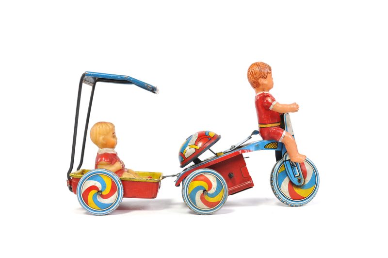 Kanto Toys Tin Lithographed Windup Tricycle with Trailer Boy Variation Japanese Toy <FONT COLOR="ff000 ">*SOLD*</font> - Image 2