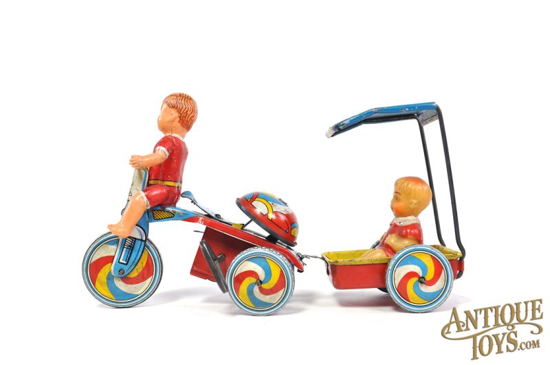 Kanto Toys Tin Lithographed Windup Tricycle with Trailer Boy Variation Japanese Toy <FONT COLOR="ff000 ">*SOLD*</font> - Image 3