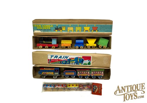 Japanese Tin Litho Train, Nakamura Toys Train, & Wooden Train Birthday Candle Holders in Packaging for Sale