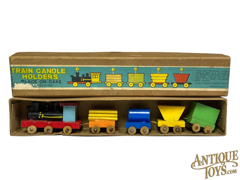 Japanese Tin Litho Train, Nakamura Toys Train, & Wooden Train Birthday Candle Holders in Packaging for Sale - Image 3