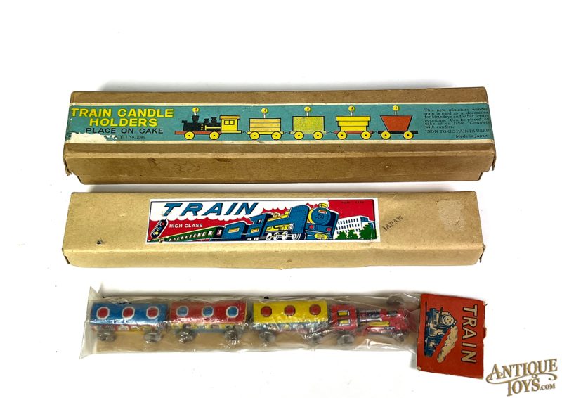 Japanese Tin Litho Train, Nakamura Toys Train, & Wooden Train Birthday Candle Holders in Packaging for Sale - Image 2