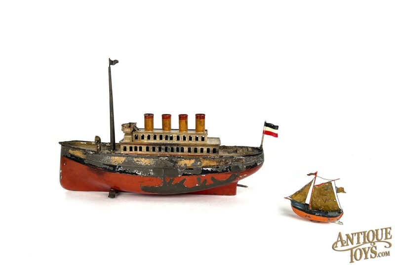 Carette Tin Clockwork Ocean Liner German Ship Toy & Midcentury Torch Cut Steel Sailboat <FONT COLOR="ff000">*SOLD*</font>