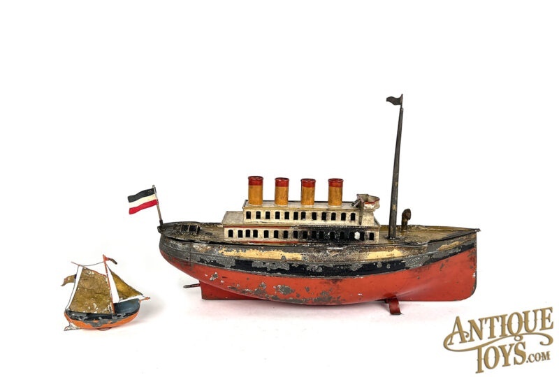Carette Tin Clockwork Ocean Liner German Ship Toy & Midcentury Torch Cut Steel Sailboat <FONT COLOR="ff000">*SOLD*</font> - Image 2