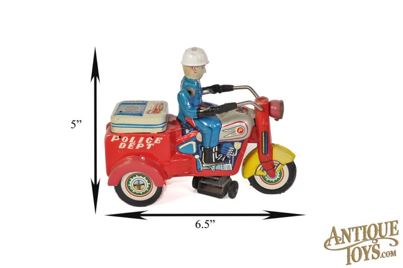 Yoshiya (KO) Tin Lithographed Windup Police Department P.D. Motorcycle Trike for Sale - Image 7
