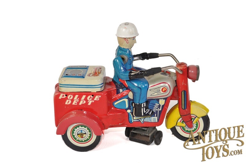 Yoshiya (KO) Tin Lithographed Windup Police Department P.D. Motorcycle Trike for Sale - Image 2