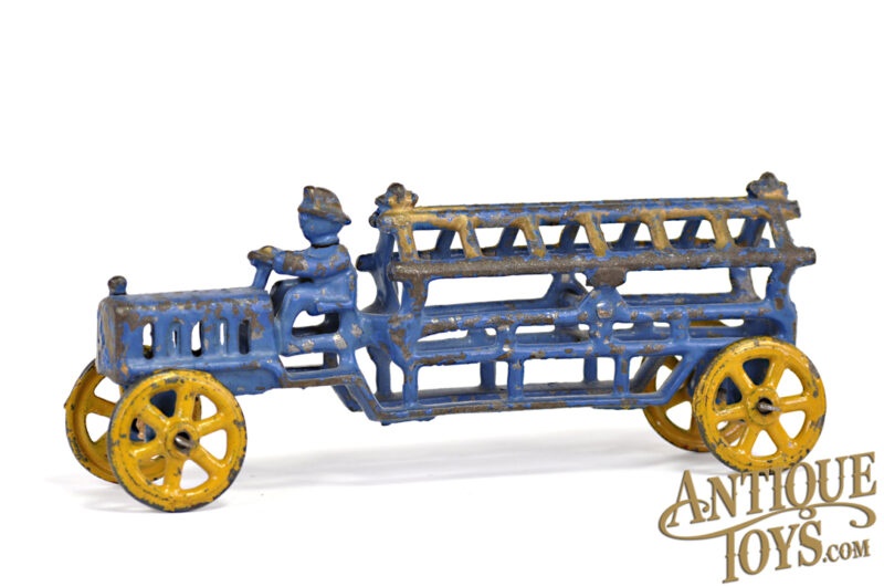 Hubley Unusual Blue, Yellow & Gold Cast Iron Hook & Ladder Fire Truck 7.5" for Sale