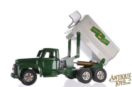 Buddy L ca. 1950s Pressed Steel No. 3859 Hydraulic Dumper Grain Dump Truck Green and White for Sale