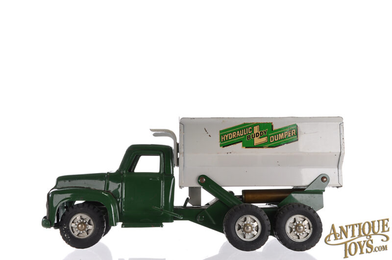 Buddy L ca. 1950s Pressed Steel No. 3859 Hydraulic Dumper Grain Dump Truck Green and White for Sale - Image 3