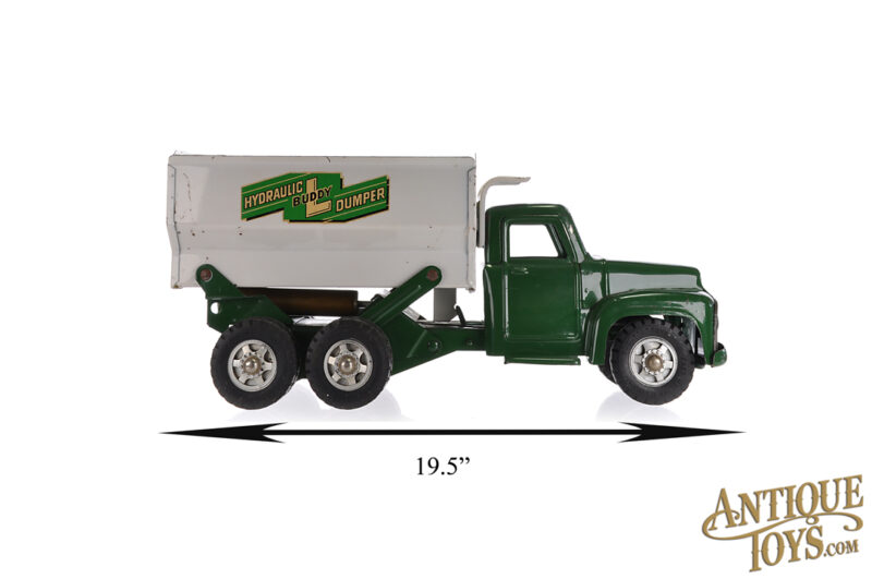 Buddy L ca. 1950s Pressed Steel No. 3859 Hydraulic Dumper Grain Dump Truck Green and White for Sale - Image 9
