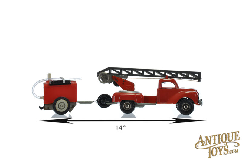 Gama Toys Tin Lithographed Friction No. 260/9 Fire Brigade Aerial Ladder Truck with Trailer for Sale - Image 7