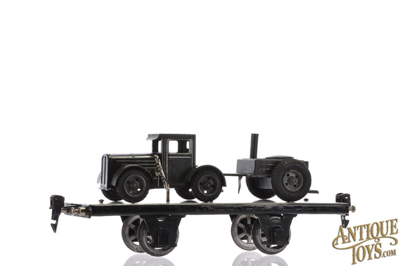 Tippco Post-War Military Tractor with Canteen Trailer on Marklin Gauge 1 Platform Train Car for Sale