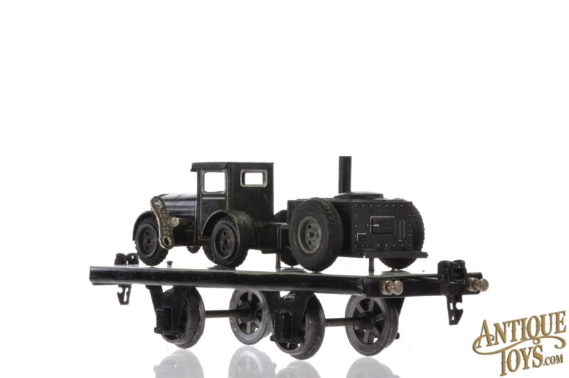 Tippco Post-War Military Tractor with Canteen Trailer on Marklin Gauge 1 Platform Train Car for Sale - Image 5