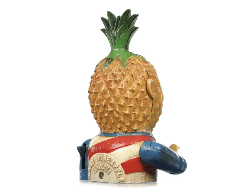 Imswiler & Saylor ca. 1960s Cast Iron 1st Edition Penny Pineapple Mechanical Bank for Sale - Image 4
