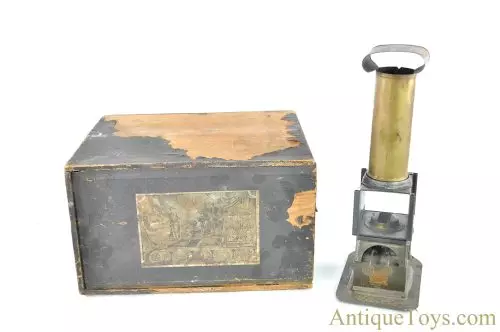 Ernst Plank “Lanterna Magica” No. 402 German Tin Oil Lamp Magic Lantern Projector Wooden Carrying Case, Slides Box & Lighting Accessory for Sale