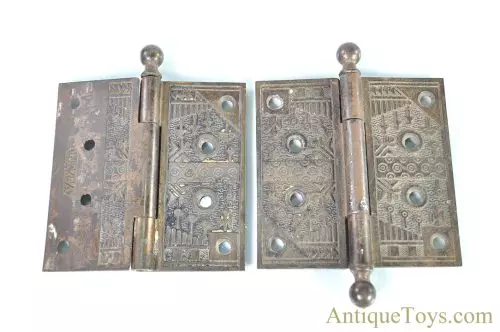 Original Eastlake Style ca. 1865 Victorian Brass 4 1/2" x 4 1/2" Hinges from the National Hotel Northville, NY for Sale