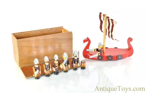Peter Blay Designs Denmark Wooden Viking Ship & Vikings in Wooden Box for Sale