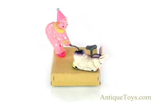 KT Occupied Japan (OJ) Celluloid Windup "The Obstinate Donkey" Circus Clown Toy for Sale