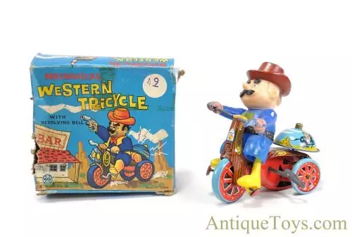 Linemar Marx Tin Lithographed Windup "Western Cycle" Cowboy on Tricycle with Box for Sale