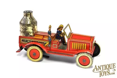 Pre-War Arnold Tin Lithographed Windup Large Fire Engine with Sparking Boiler & Small No. 640 Box for Sale