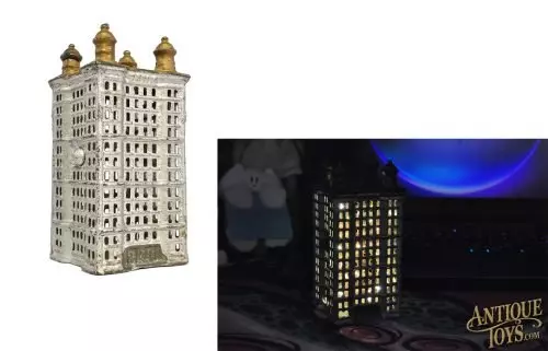 A.C. Williams ca. 1900-1931 Cast Iron Skyscraper Still Penny Coin Bank USB Pre-Lit 5.5" for Sale