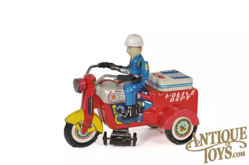 Yoshiya (KO) Tin Lithographed Windup Police Department P.D. Motorcycle Trike for Sale
