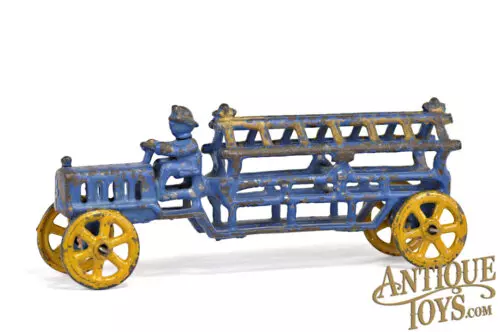 Hubley Unusual Blue, Yellow & Gold Cast Iron Hook & Ladder Fire Truck 7.5" for Sale